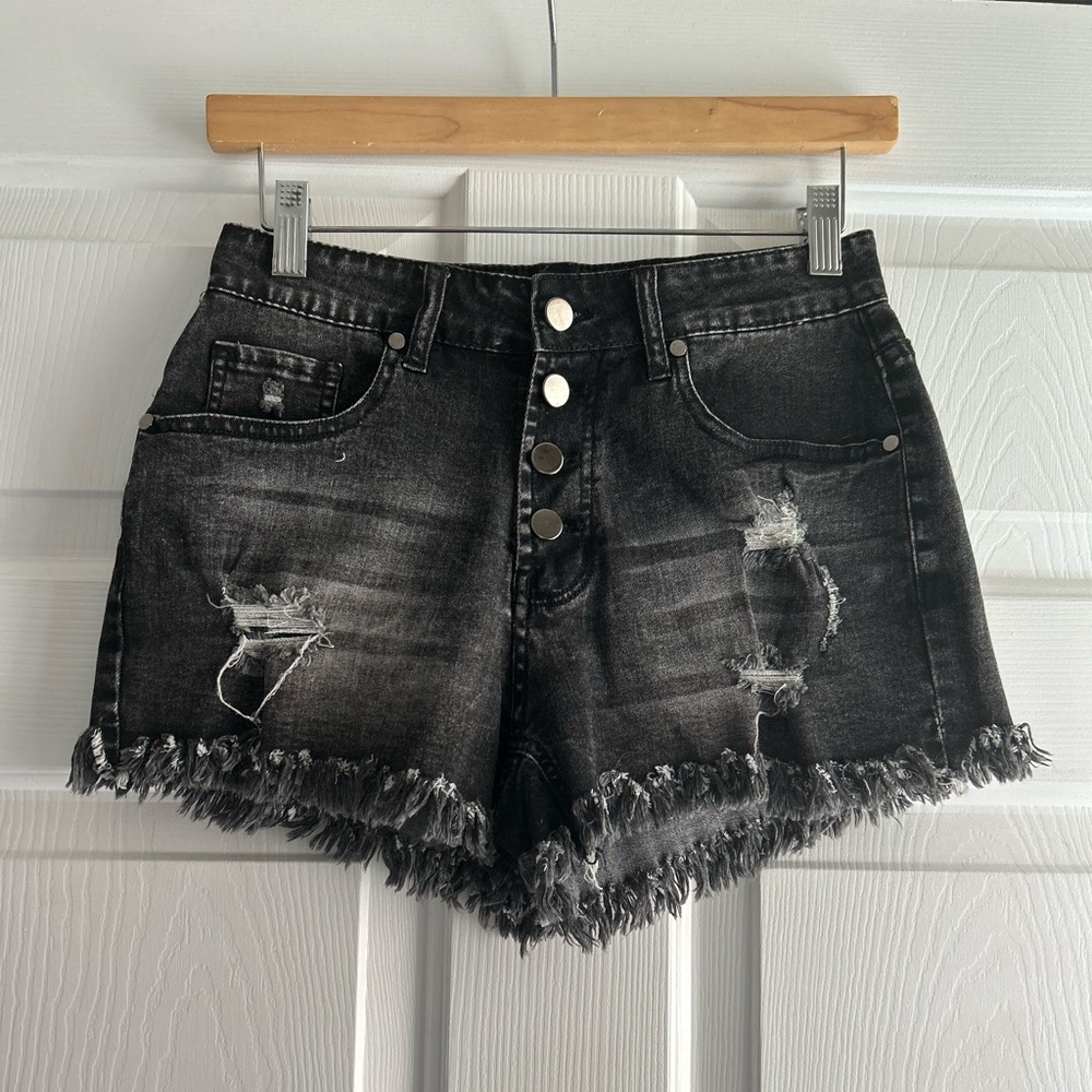 Black distressed denim shorts